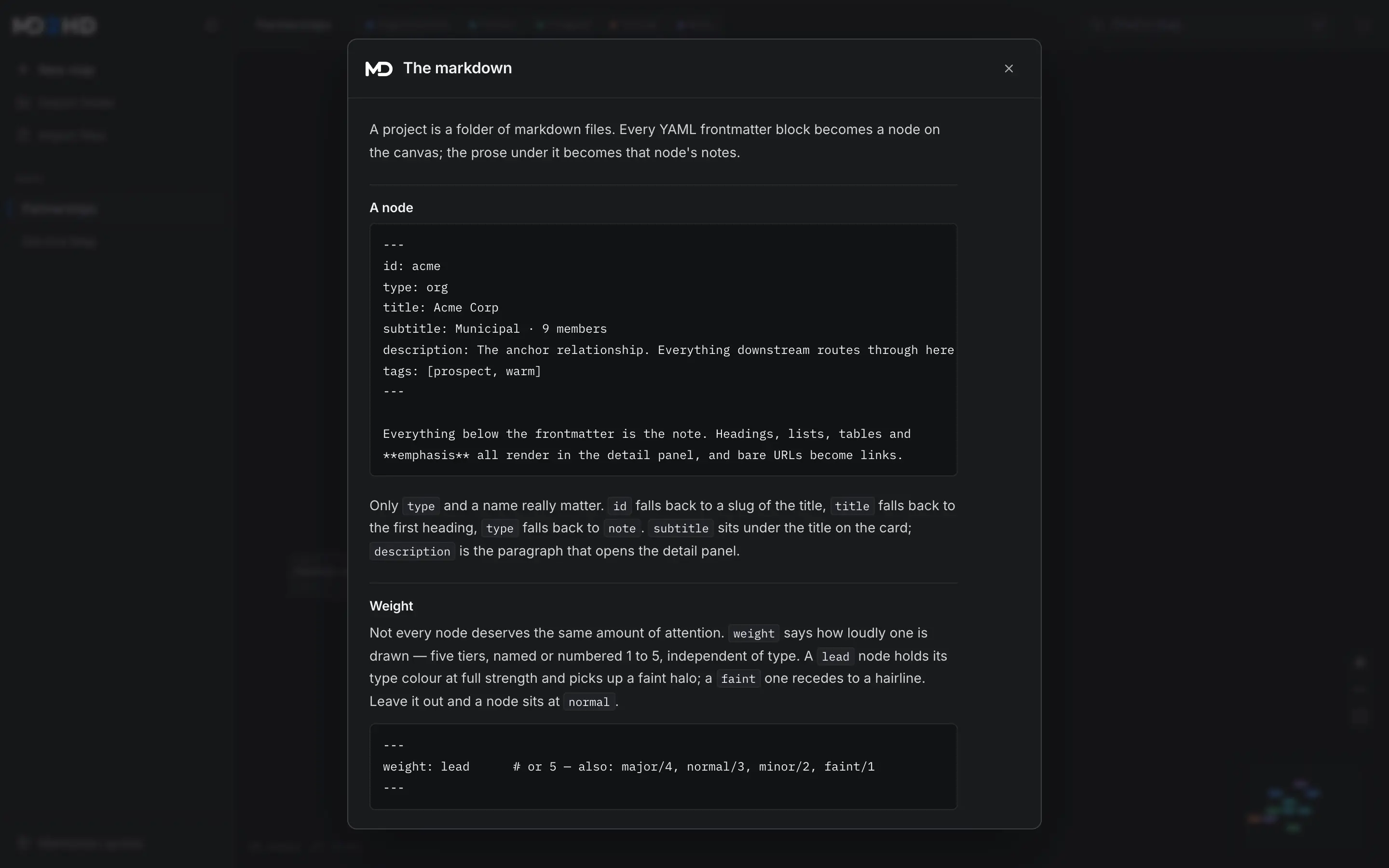 The md2hd syntax sheet open over the canvas, showing the markdown language reference as formatted prose with code examples.